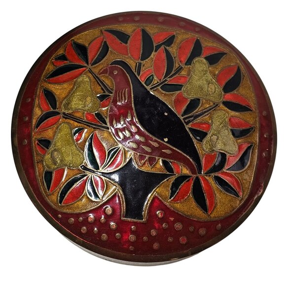 Unbranded Other - VTG Cloisonné Trinket Box Red Gold Brass Tone Partridge Bird Pear Tree Tin